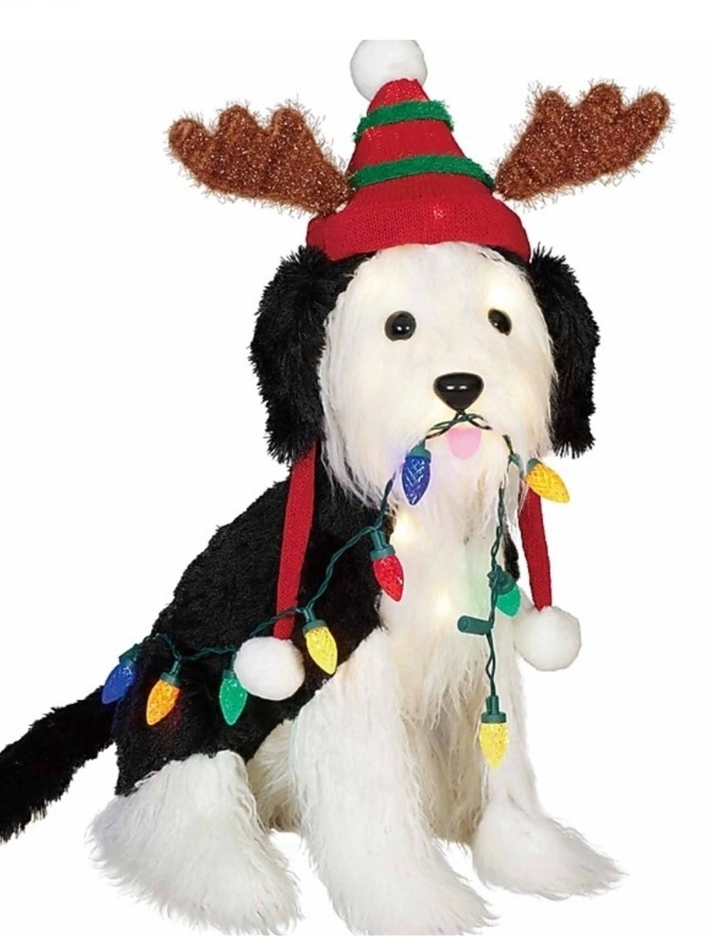 Holiday Plush Dog Décor with Multicolor Lights and Red Hat